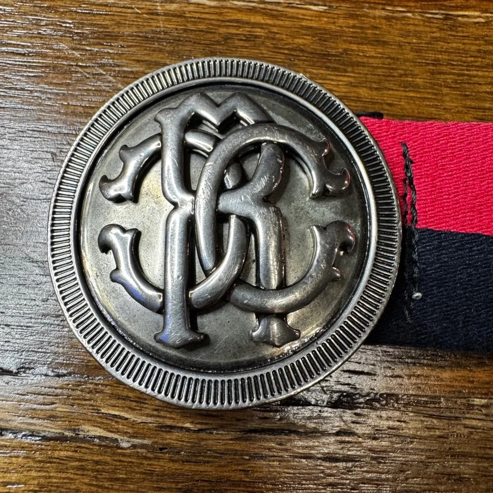 Roberto Cavalli Mens Web Belt Navy Pink RC Monogram Buckle Made in Italy